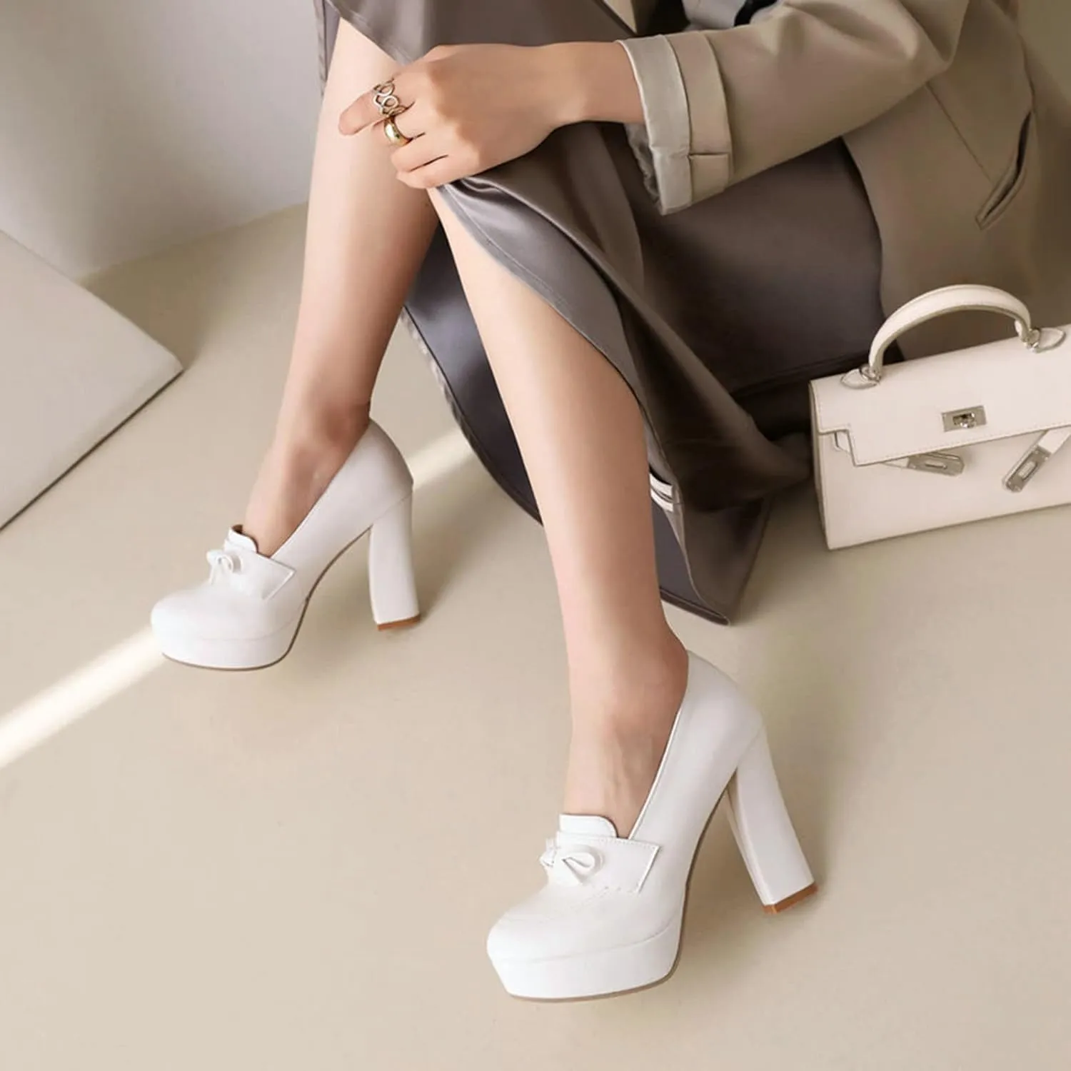Women's Platform High Heel Pumps Round Toe Fashion Bow Chunky Block Heeled Slip on Dress Office Shoes