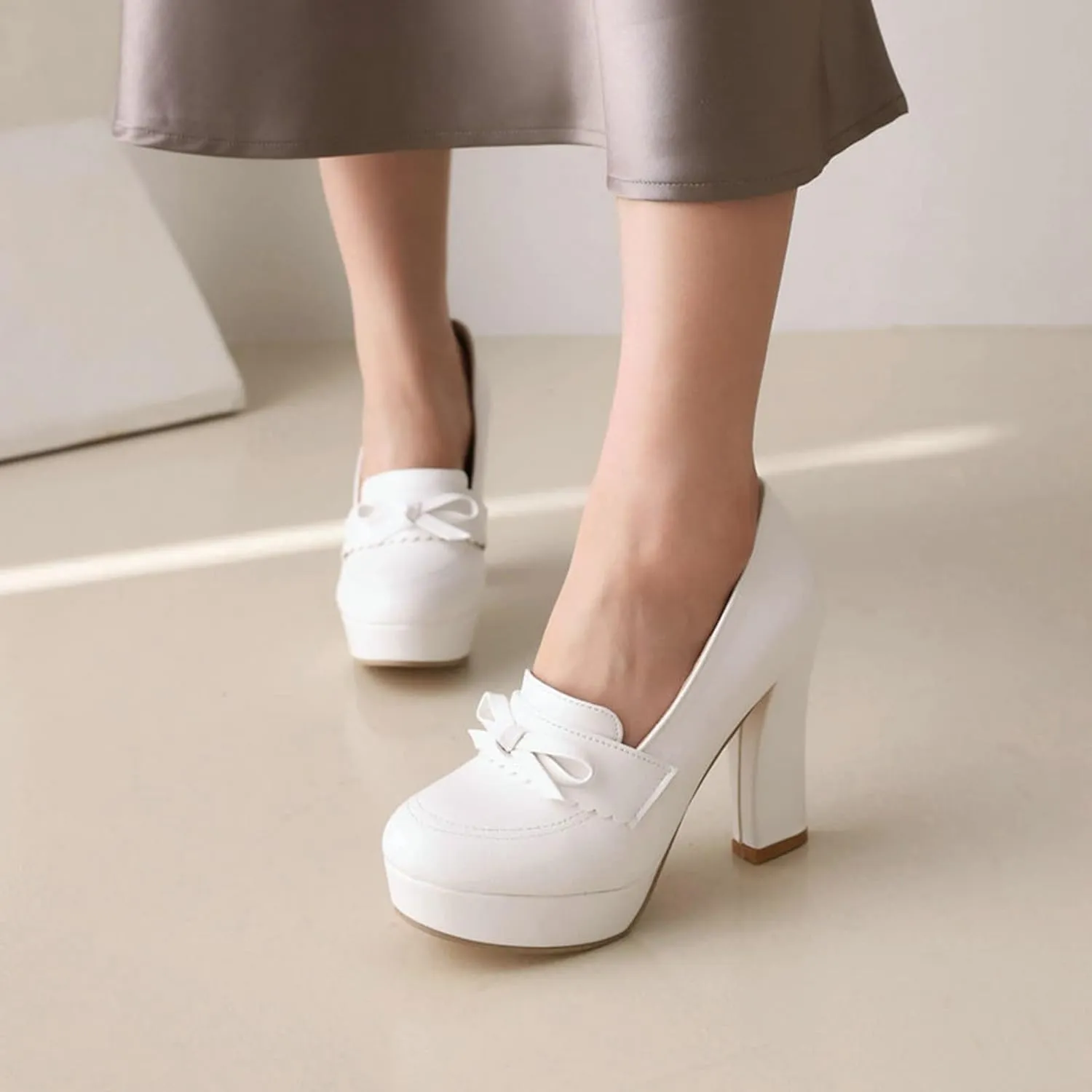 Women's Platform High Heel Pumps Round Toe Fashion Bow Chunky Block Heeled Slip on Dress Office Shoes