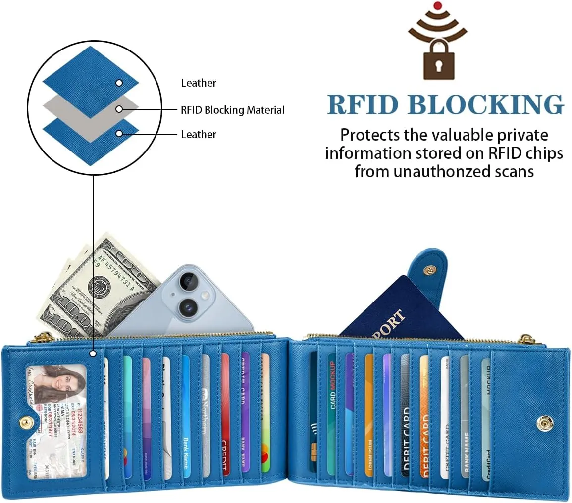 Womens RFID Blocking Large Capacity Wallet Multi Card Organizer Bifold Wallet for Women with Zipper Pocket