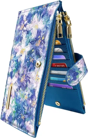 Womens RFID Blocking Large Capacity Wallet Multi Card Organizer Bifold Wallet for Women with Zipper Pocket