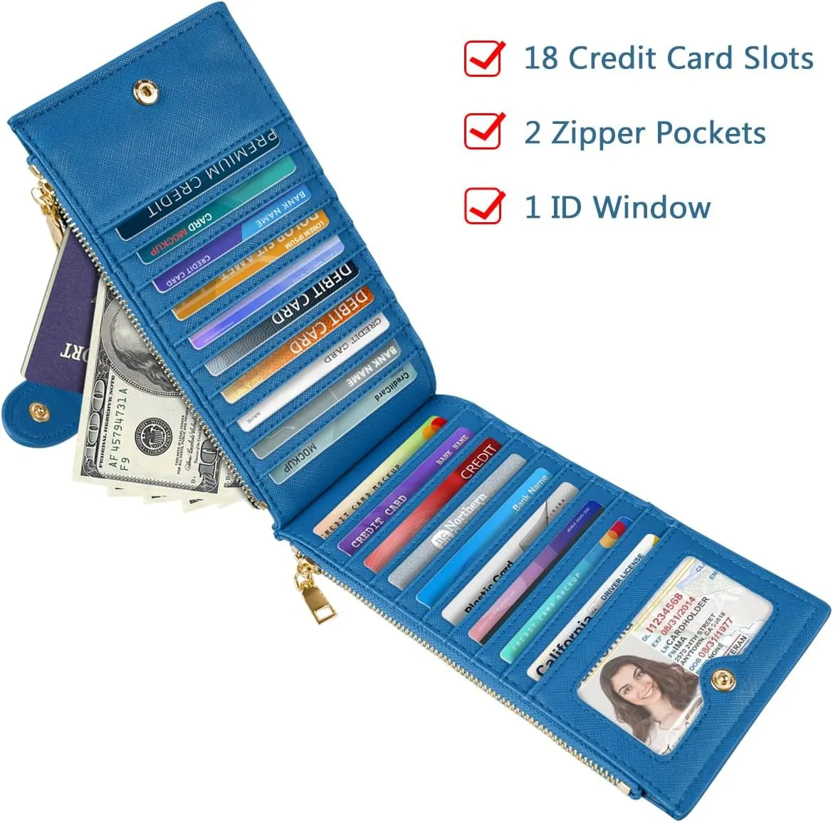 Womens RFID Blocking Large Capacity Wallet Multi Card Organizer Bifold Wallet for Women with Zipper Pocket