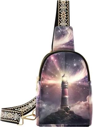 Women’s Sling Bag Cosmic Lighthouse Print with Adjustable Strap Zipper Closure, PU Leather Water Resistant Crossbody Bag Purse Chest Bag