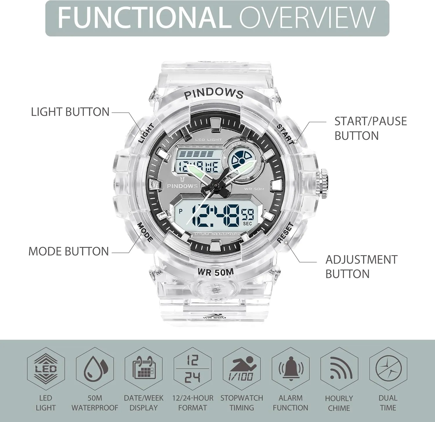 Womens Watch for Women Digital Sports Watch,7 Color LED Light Large Analog Digital Display Waterproof Watch with Alarm Stopwatch Hourly Chime Multi-Function Wrist Watches