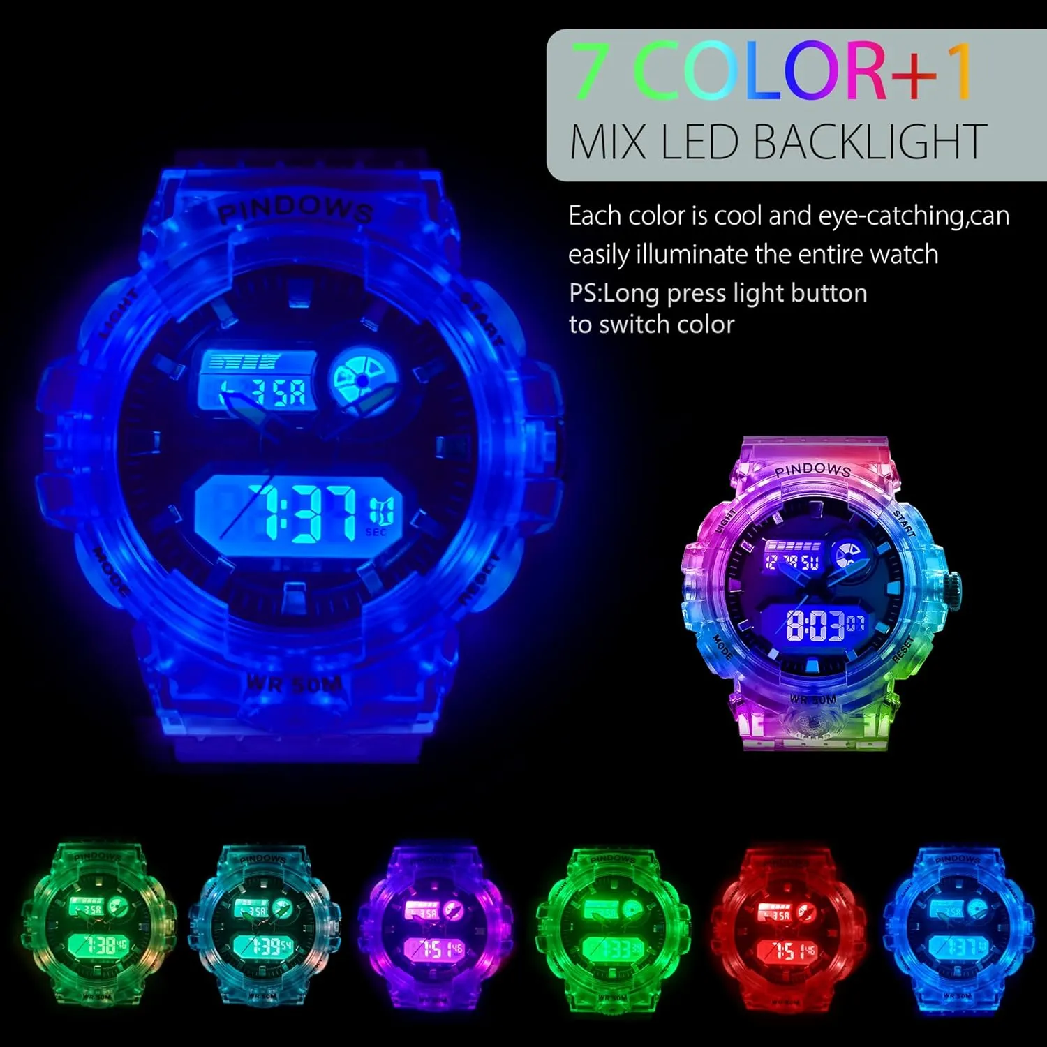 Womens Watch for Women Digital Sports Watch,7 Color LED Light Large Analog Digital Display Waterproof Watch with Alarm Stopwatch Hourly Chime Multi-Function Wrist Watches