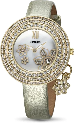 Women's Watch Luxury Diamond Flower Embossment Quartz Watch Leather Band Analog Watch for Ladies (Gold)