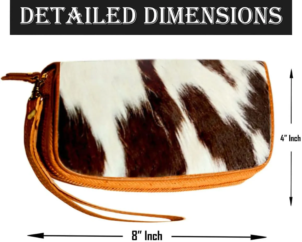 Womens Zipper Wristlet Cowhide Clutch Real Leather Hair on Wallet Western Purse, Handbag Organizer for women