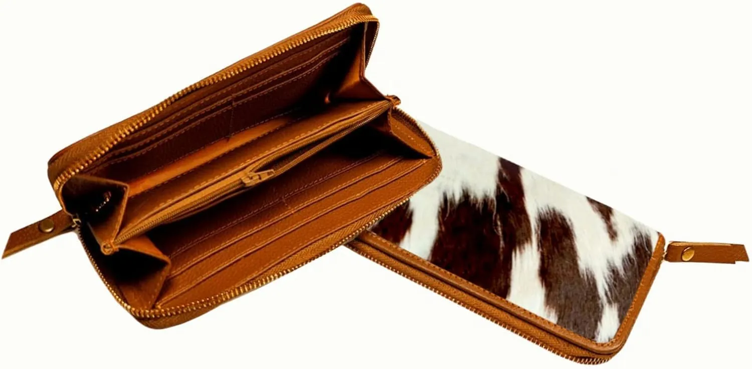 Womens Zipper Wristlet Cowhide Clutch Real Leather Hair on Wallet Western Purse, Handbag Organizer for women