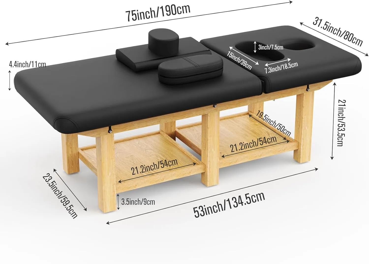 Wood Wide Stationary Massage Table for Treatment Table Physical Therapy Table Spa Facial Bed, PU Leather 31.5'' Wide 75'' Long Heavy Duty Professional Stationary Massage Bed - Black, 6-Legged