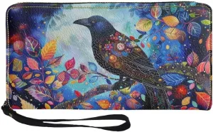 Wristlet Wallet for Women Flower Crow Print PU Leather Card Holder Phone Checkbook Organizer Zipper Coin Purse