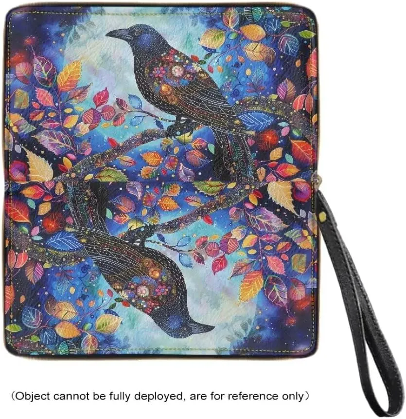 Wristlet Wallet for Women Flower Crow Print PU Leather Card Holder Phone Checkbook Organizer Zipper Coin Purse