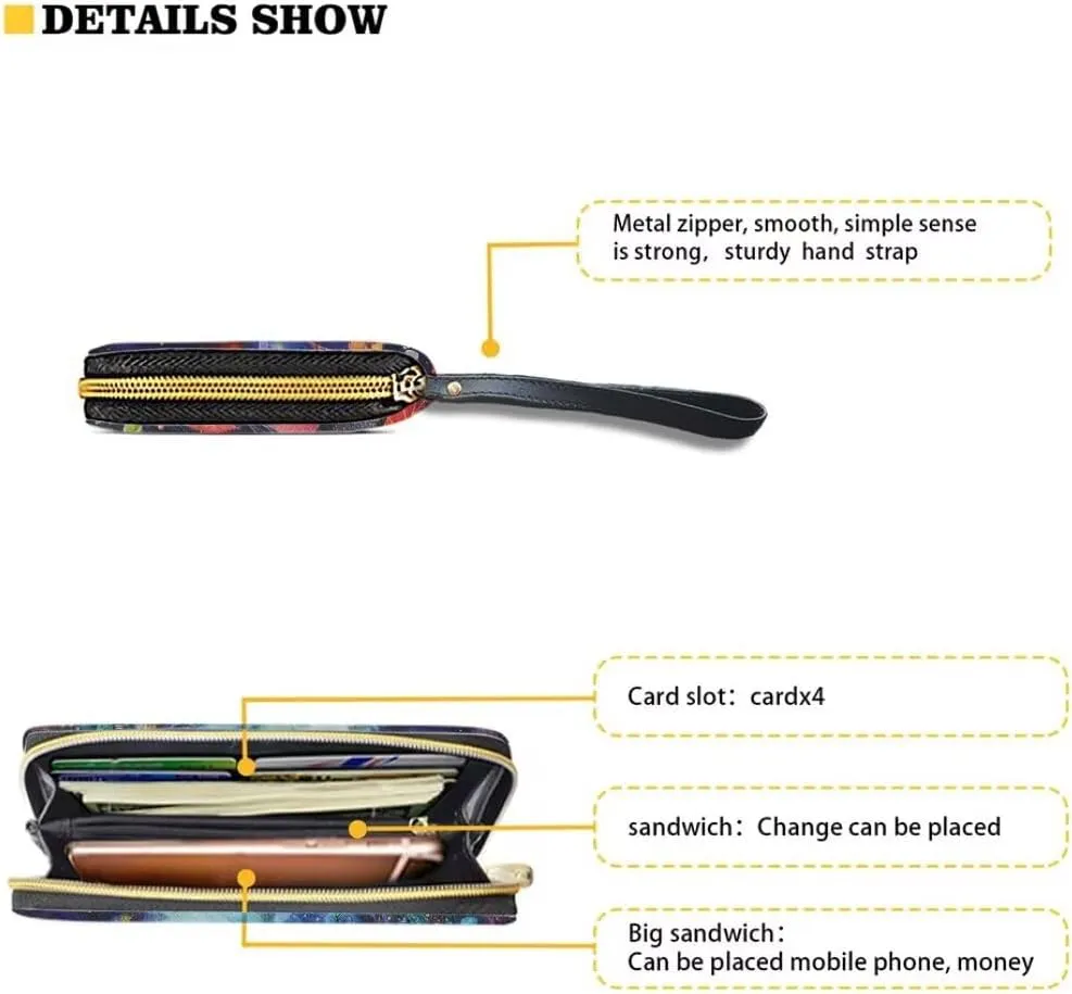 Wristlet Wallet for Women Flower Crow Print PU Leather Card Holder Phone Checkbook Organizer Zipper Coin Purse