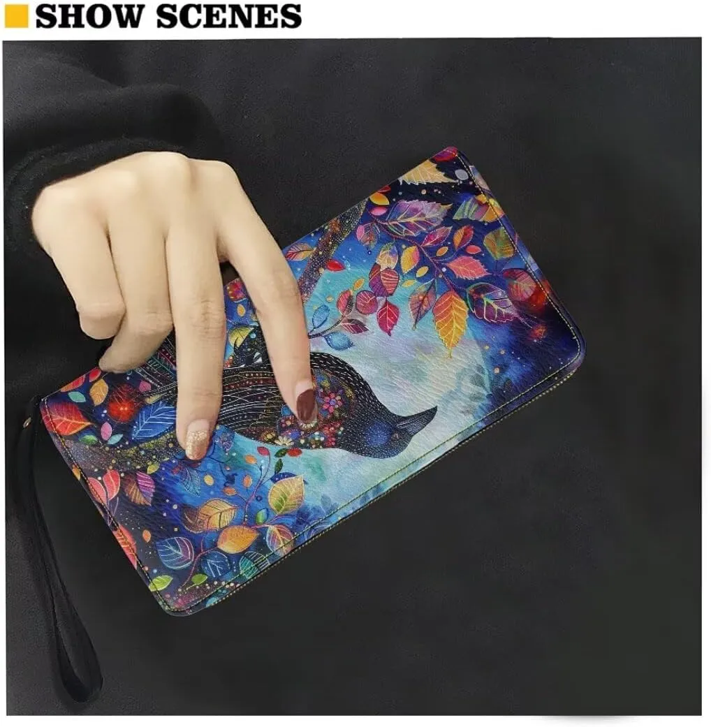 Wristlet Wallet for Women Flower Crow Print PU Leather Card Holder Phone Checkbook Organizer Zipper Coin Purse