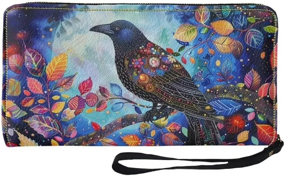 Wristlet Wallet for Women Flower Crow Print PU Leather Card Holder Phone Checkbook Organizer Zipper Coin Purse