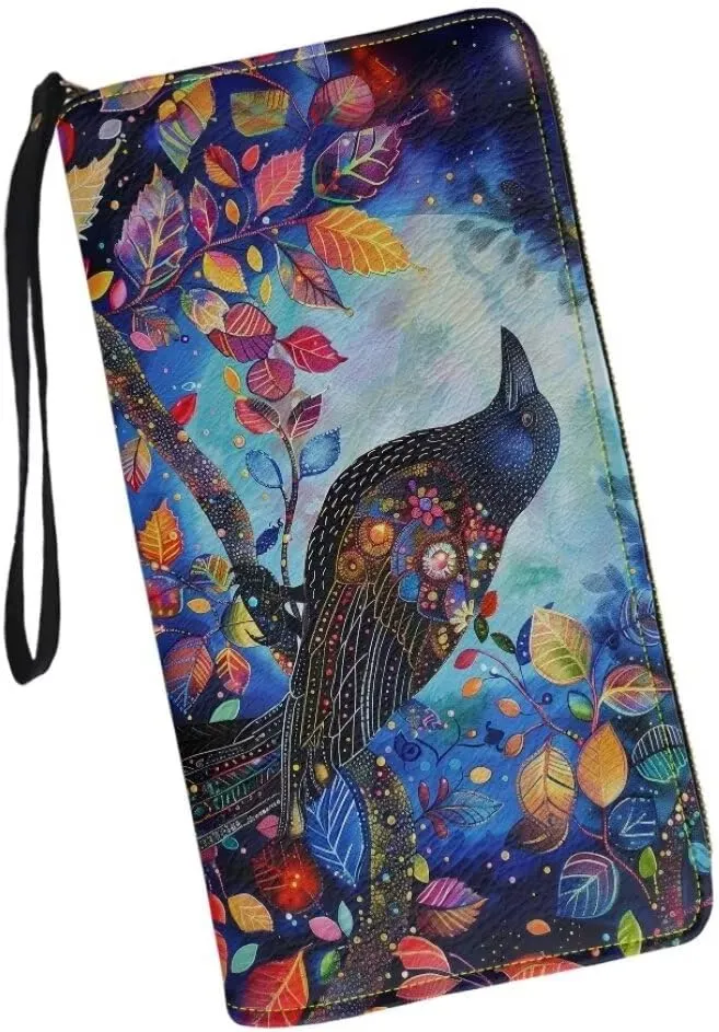 Wristlet Wallet for Women Flower Crow Print PU Leather Card Holder Phone Checkbook Organizer Zipper Coin Purse