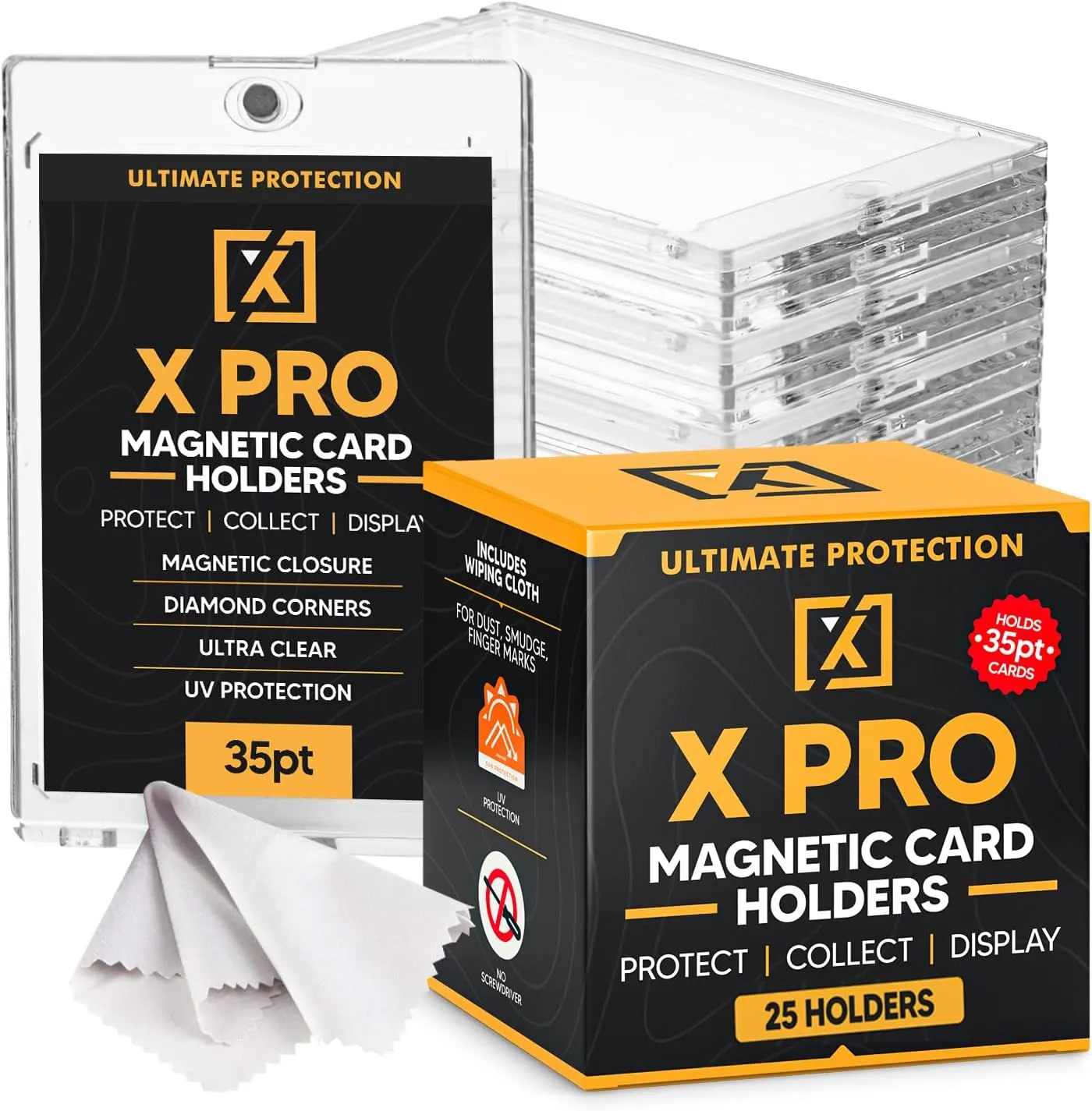 X PRO 35PT Magnetic Card Holder [25 Pack] - One Touch Trading Card Case with Cleaning Cloth Included