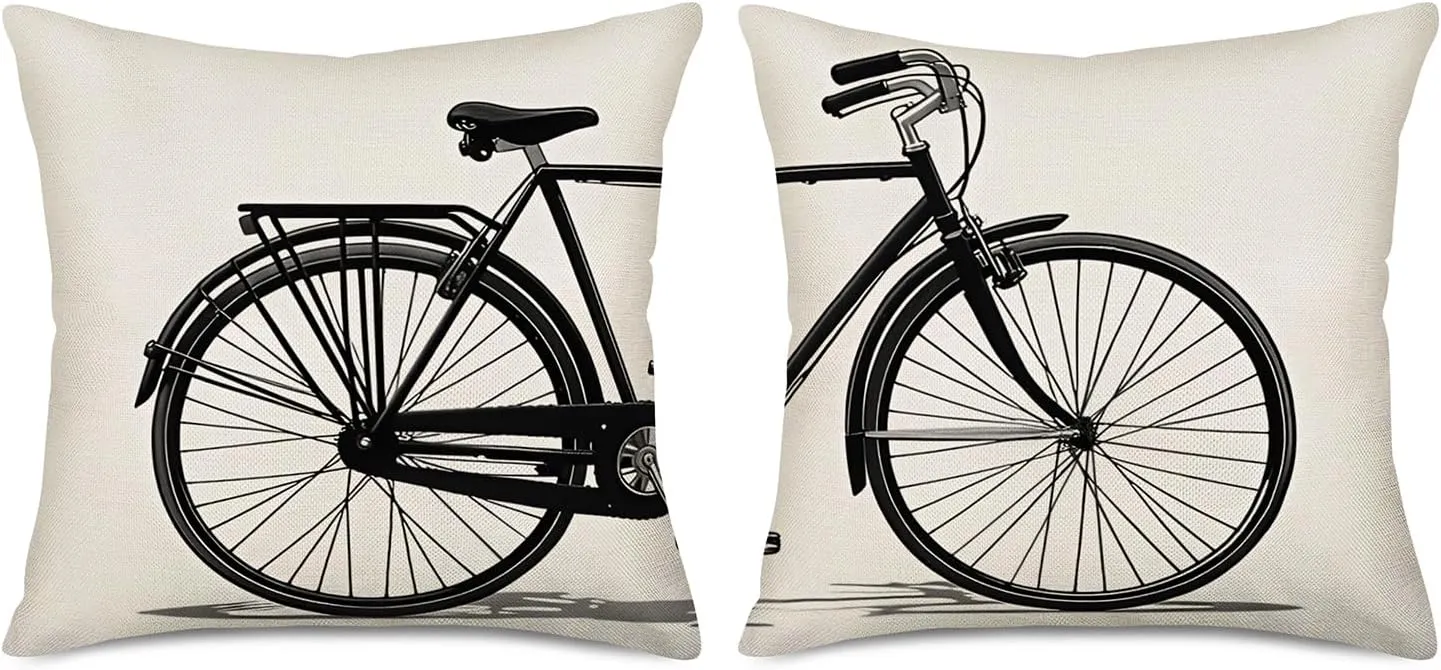 Xihomeli Black Bicycle Throw Pillow Covers Set of 2 Cotton Linen Old Style Bike Pillow Case Cushion Cover Rustic Farmhouse Pillow Cover Outdoor Decorations Sofa Couch(Black Bike-Two)