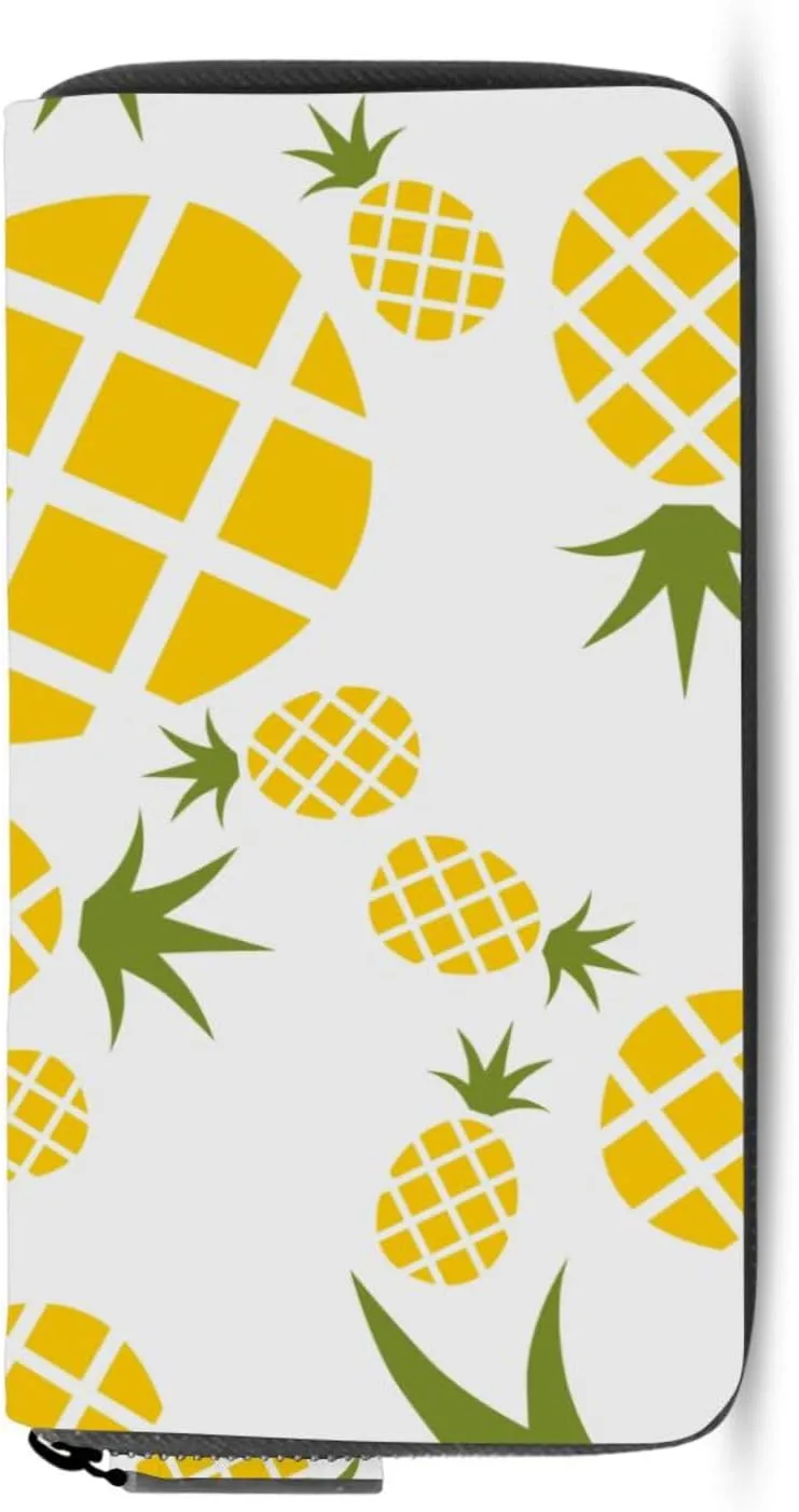 Yellow Pineapples Seamless Pattern on White Leather Long Wallet Organizer with Zipper Purse Clutch Bag for Women Men Key Card Coin Passport Checkbook 8 x 4 inch