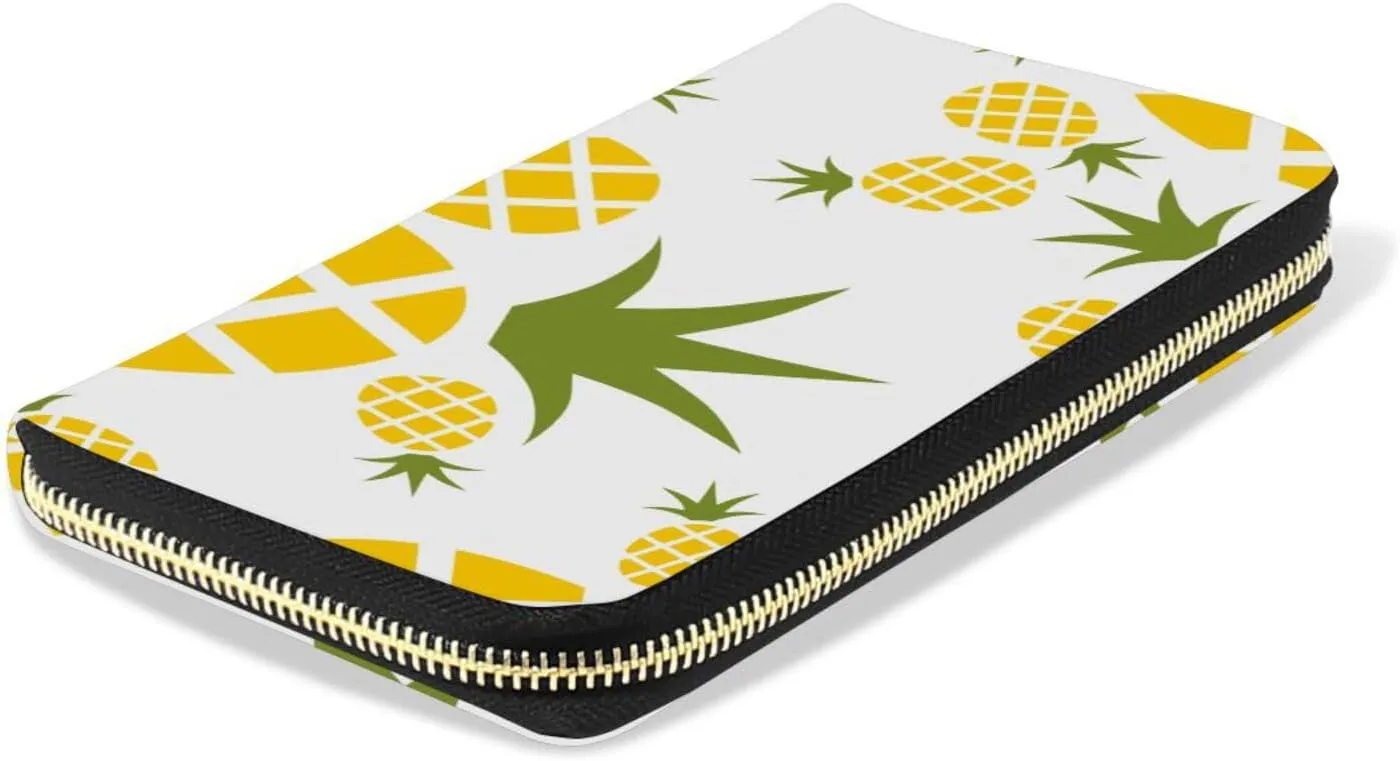 Yellow Pineapples Seamless Pattern on White Leather Long Wallet Organizer with Zipper Purse Clutch Bag for Women Men Key Card Coin Passport Checkbook 8 x 4 inch