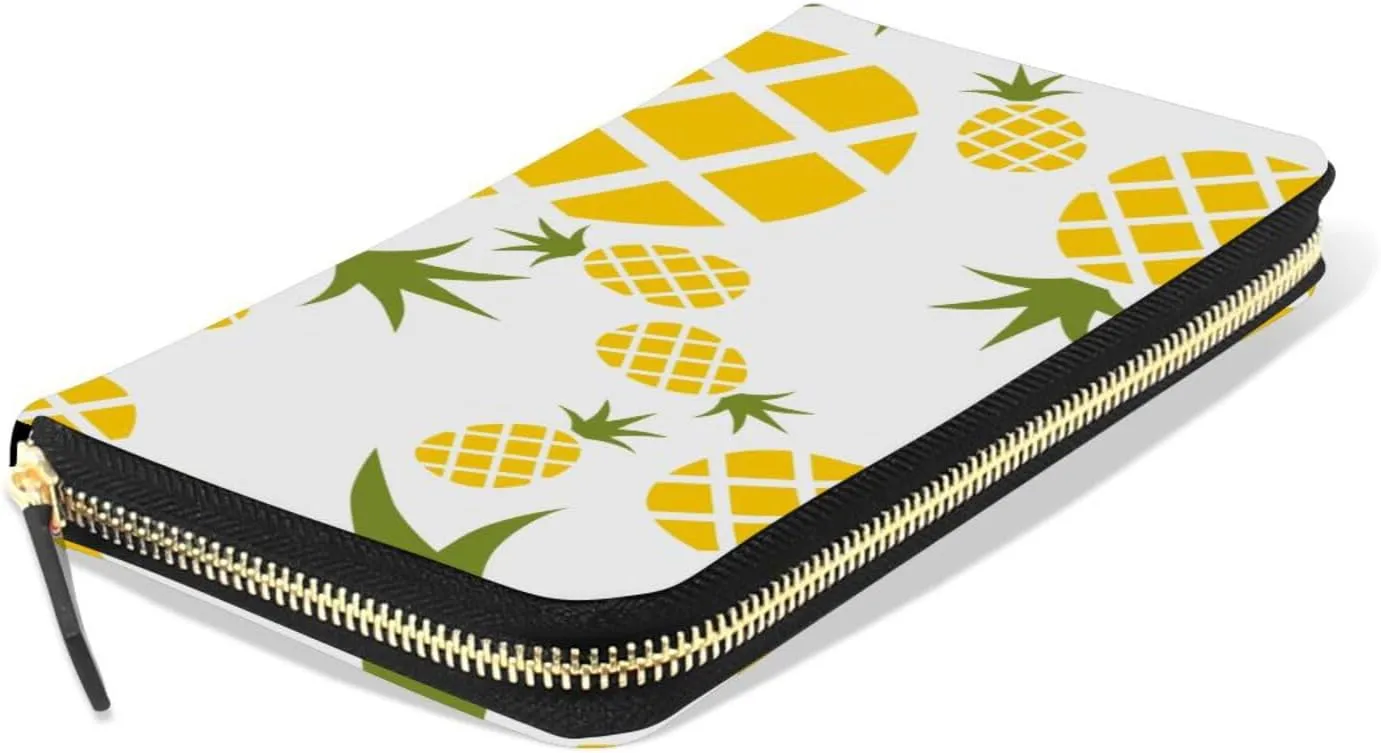 Yellow Pineapples Seamless Pattern on White Leather Long Wallet Organizer with Zipper Purse Clutch Bag for Women Men Key Card Coin Passport Checkbook 8 x 4 inch