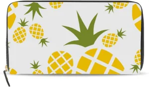 Yellow Pineapples Seamless Pattern on White Leather Long Wallet Organizer with Zipper Purse Clutch Bag for Women Men Key Card Coin Passport Checkbook 8 x 4 inch