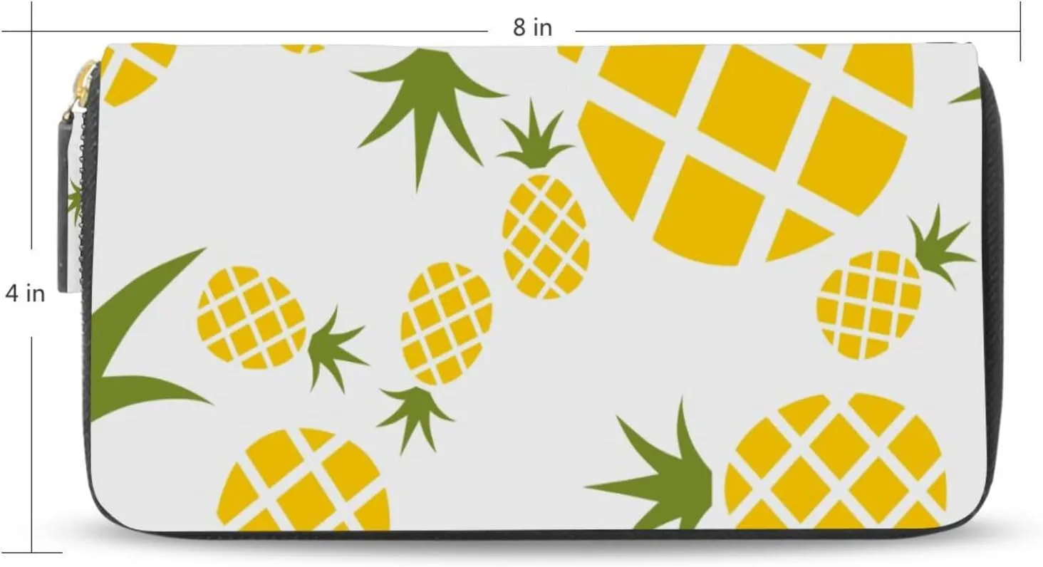 Yellow Pineapples Seamless Pattern on White Leather Long Wallet Organizer with Zipper Purse Clutch Bag for Women Men Key Card Coin Passport Checkbook 8 x 4 inch