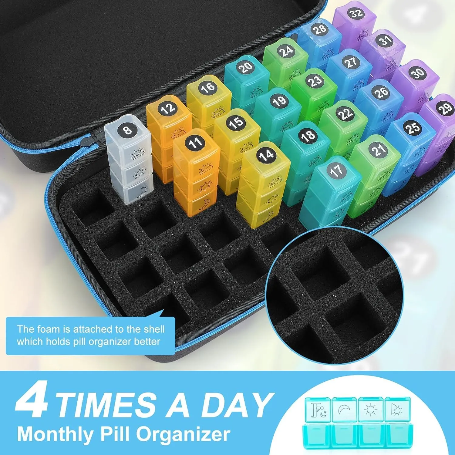 Yewltvep Monthly Pill Organizer 4 Times a Day, Pill Box Organizer with 32 Daily Compartments, 30 Day Pill Organizer 4 Times a Day Pill Holder with Hard Shell Travel Case Weekly Pill Bag 4 Times a Day