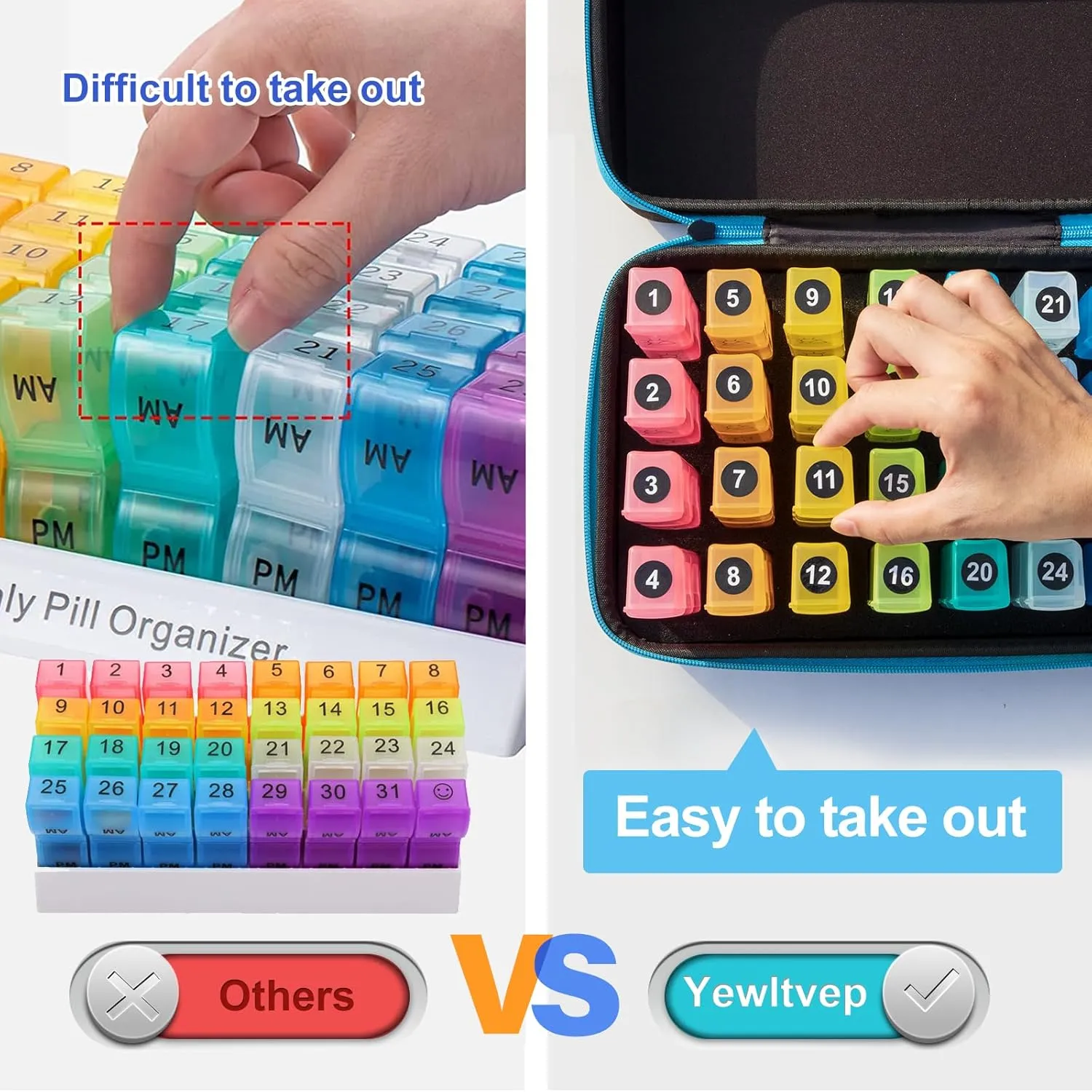 Yewltvep Monthly Pill Organizer 4 Times a Day, Pill Box Organizer with 32 Daily Compartments, 30 Day Pill Organizer 4 Times a Day Pill Holder with Hard Shell Travel Case Weekly Pill Bag 4 Times a Day