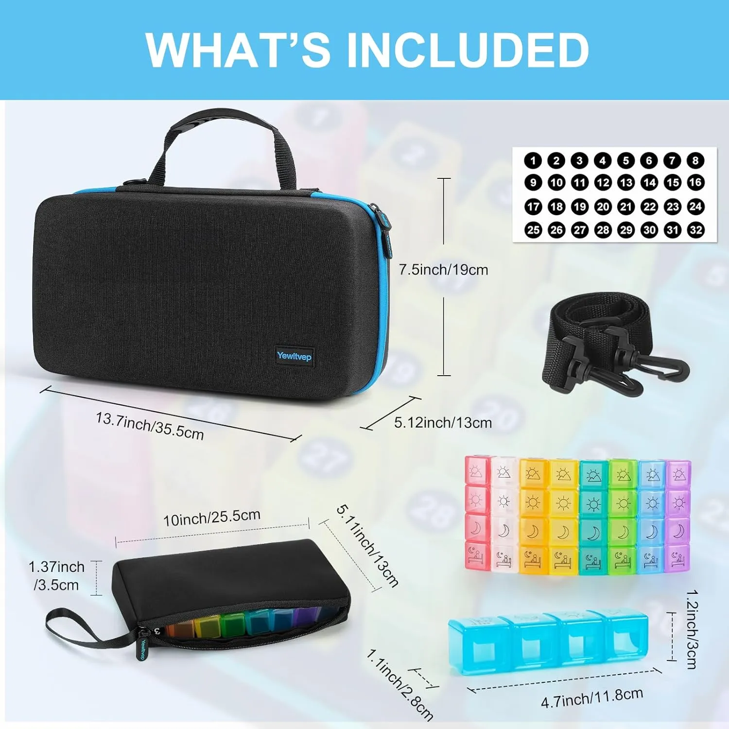 Yewltvep Monthly Pill Organizer 4 Times a Day, Pill Box Organizer with 32 Daily Compartments, 30 Day Pill Organizer 4 Times a Day Pill Holder with Hard Shell Travel Case Weekly Pill Bag 4 Times a Day
