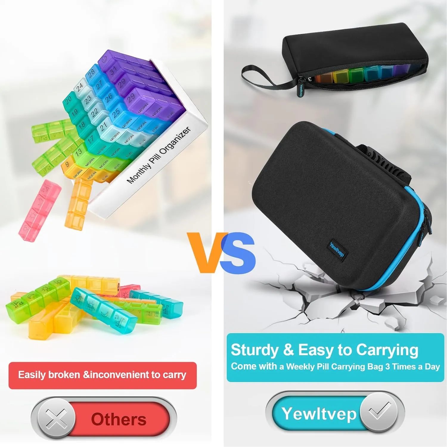 Yewltvep Monthly Pill Organizer 4 Times a Day, Pill Box Organizer with 32 Daily Compartments, 30 Day Pill Organizer 4 Times a Day Pill Holder with Hard Shell Travel Case Weekly Pill Bag 4 Times a Day