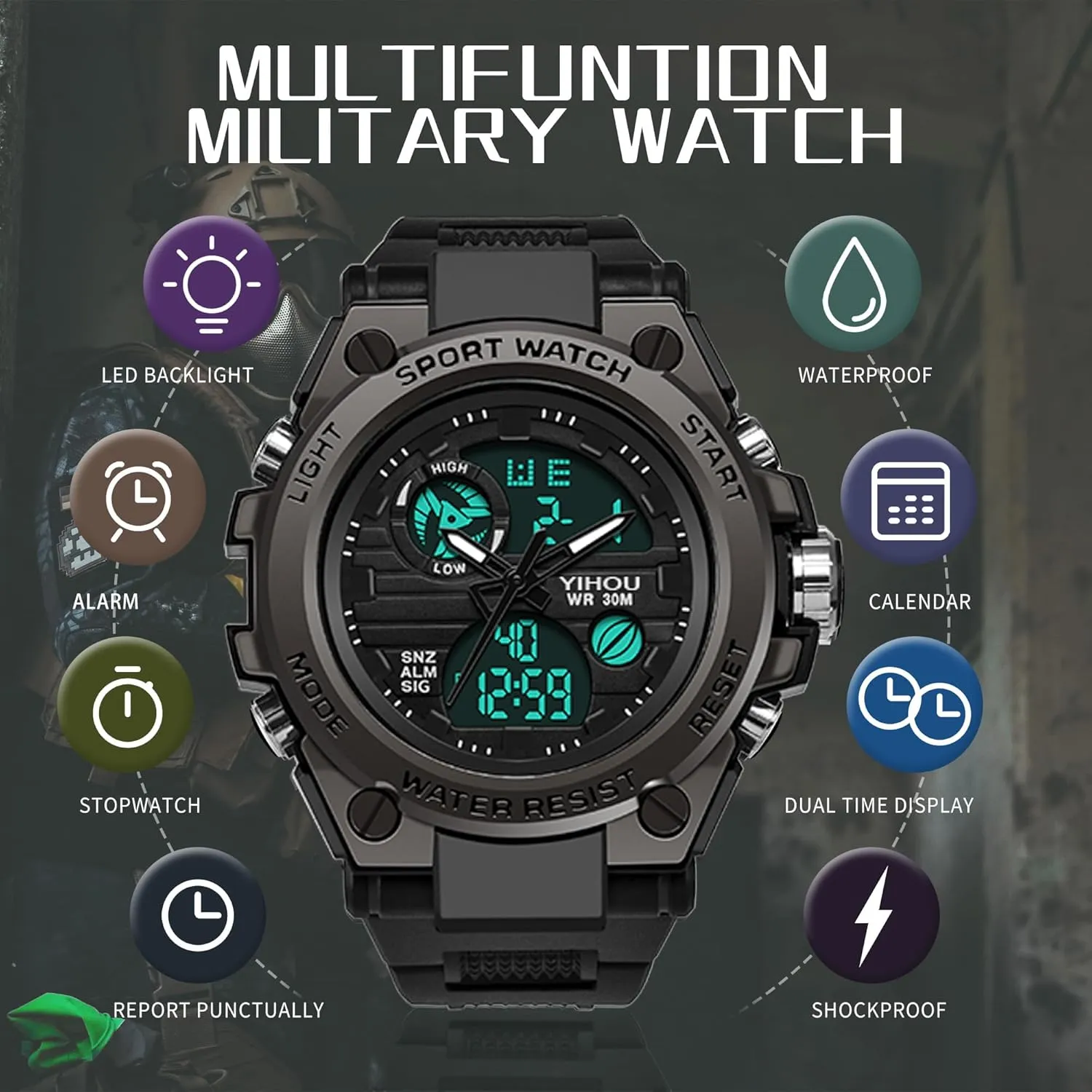 Yihou Men's Military Watch Outdoor Sports Electronic Watch Tactical Army Wristwatch LED Stopwatch Waterproof Digital Analog Watches