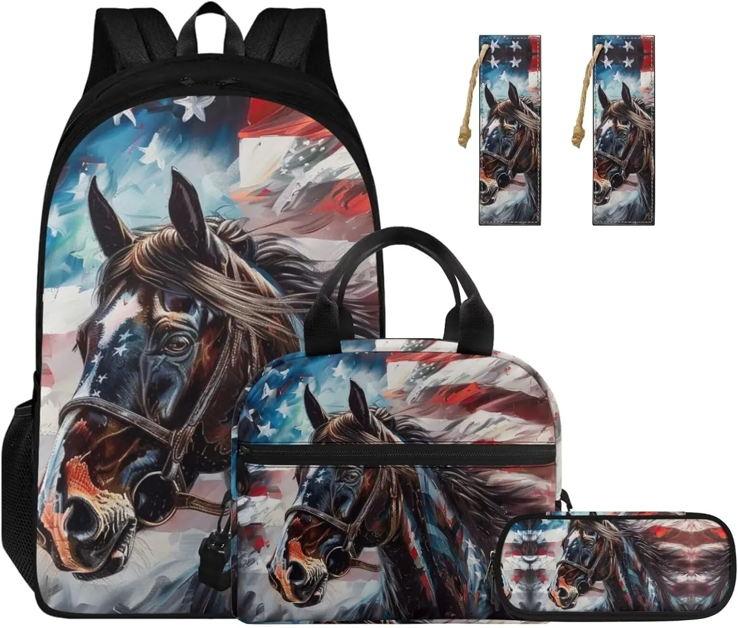 Ystardream Horse Backpack for School Book Bags for Girls 8-10 with Lunch Box Pencil Case Bookmark American Flag Teens Kids Bookbag Kindergarten Elementary Middle School Bag 4 in 1 17 inch