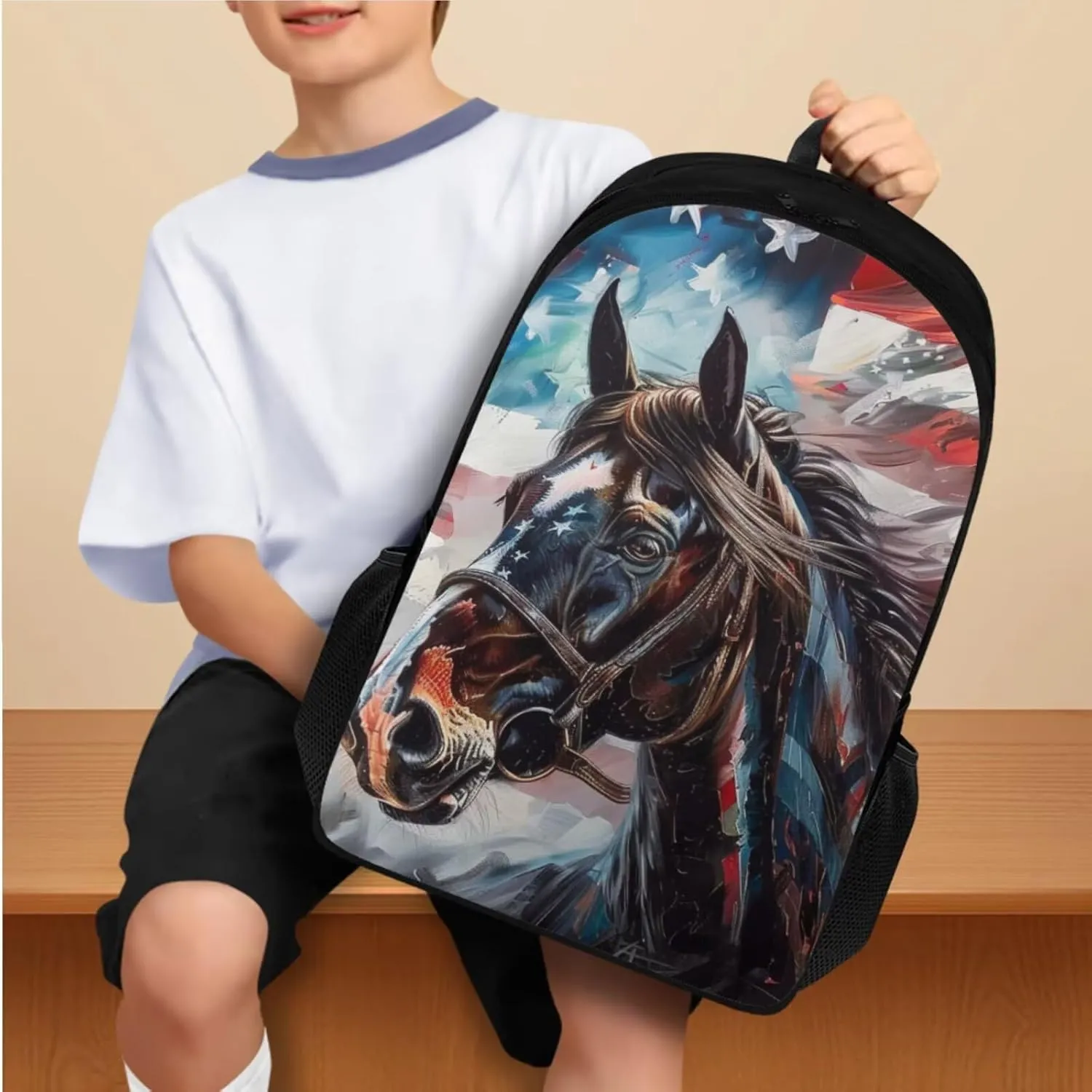 Ystardream Horse Backpack for School Book Bags for Girls 8-10 with Lunch Box Pencil Case Bookmark American Flag Teens Kids Bookbag Kindergarten Elementary Middle School Bag 4 in 1 17 inch
