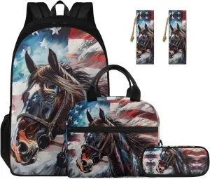 Ystardream Horse Backpack for School Book Bags for Girls 8-10 with Lunch Box Pencil Case Bookmark American Flag Teens Kids Bookbag Kindergarten Elementary Middle School Bag 4 in 1 17 inch