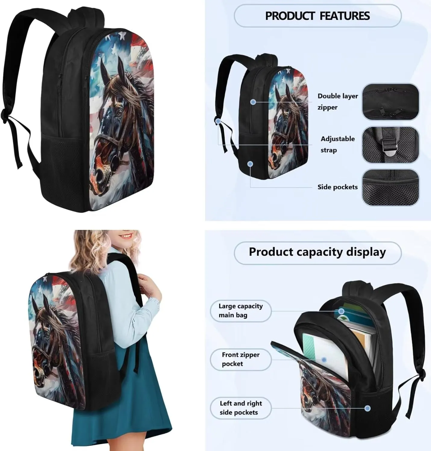 Ystardream Horse Backpack for School Book Bags for Girls 8-10 with Lunch Box Pencil Case Bookmark American Flag Teens Kids Bookbag Kindergarten Elementary Middle School Bag 4 in 1 17 inch