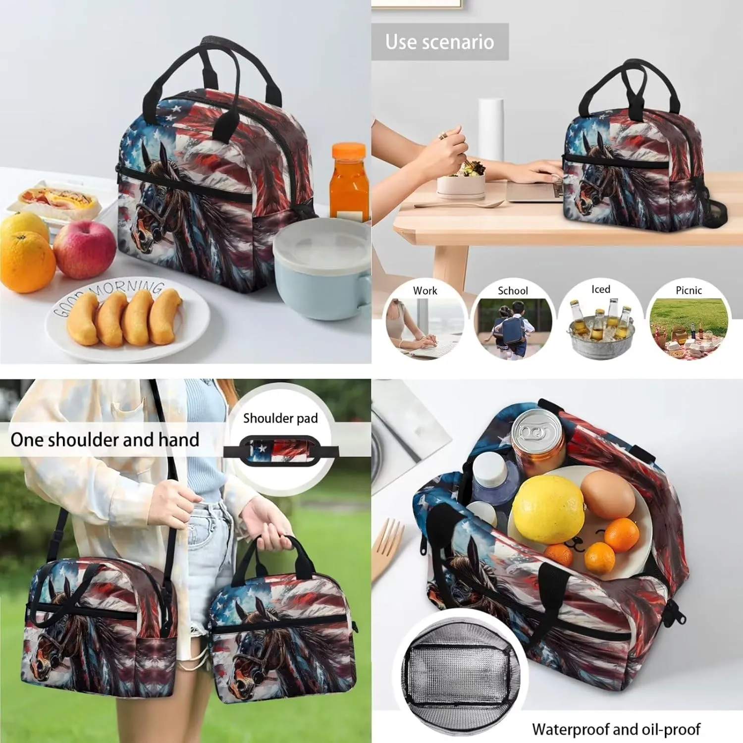 Ystardream Horse Backpack for School Book Bags for Girls 8-10 with Lunch Box Pencil Case Bookmark American Flag Teens Kids Bookbag Kindergarten Elementary Middle School Bag 4 in 1 17 inch