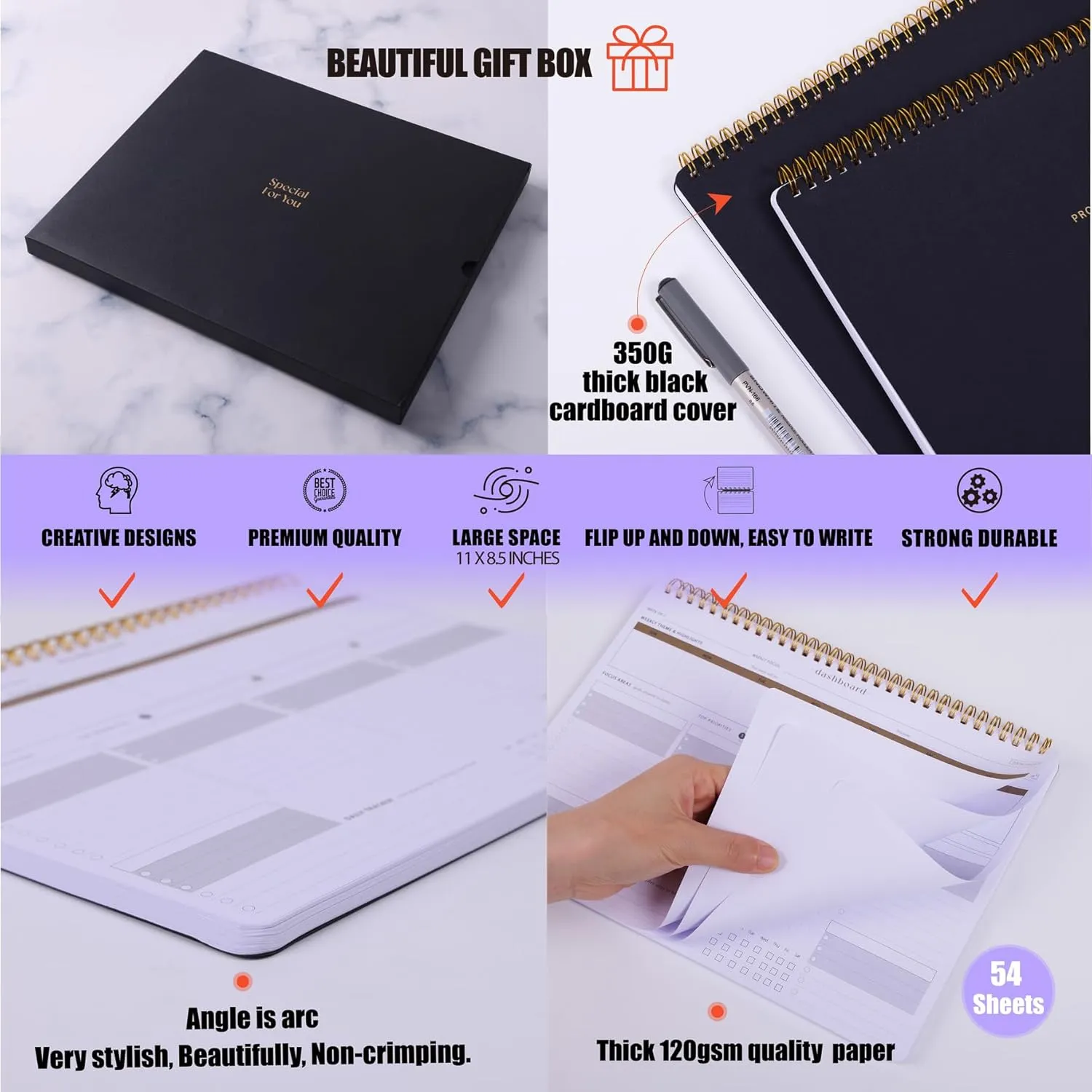 ZERONE CENTRE Productivity Weekly Planner - 54 Sheets Dashboard Spiral Deskpad Has 6 Focus Areas to List Tasks for Goals, Projects, Clients, Academic, or Shopping-Organize Your Daily Work Efficiently