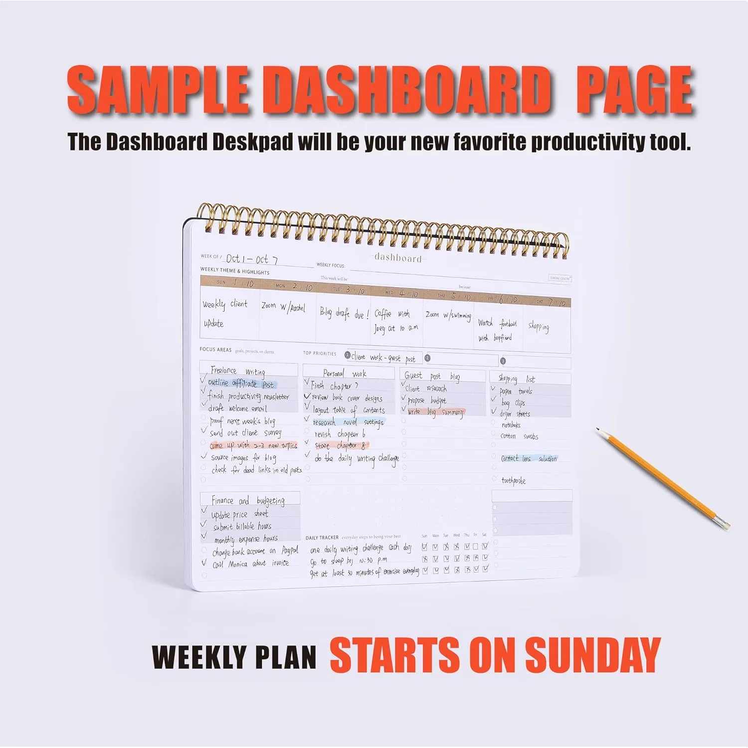 ZERONE CENTRE Productivity Weekly Planner - 54 Sheets Dashboard Spiral Deskpad Has 6 Focus Areas to List Tasks for Goals, Projects, Clients, Academic, or Shopping-Organize Your Daily Work Efficiently