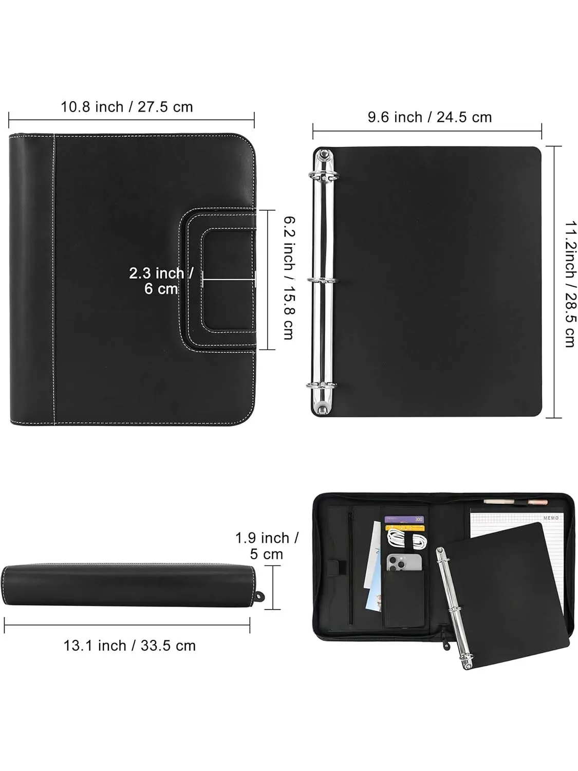 Zippered Faux Leather Portfolio with Handles and Removable Ring Binder