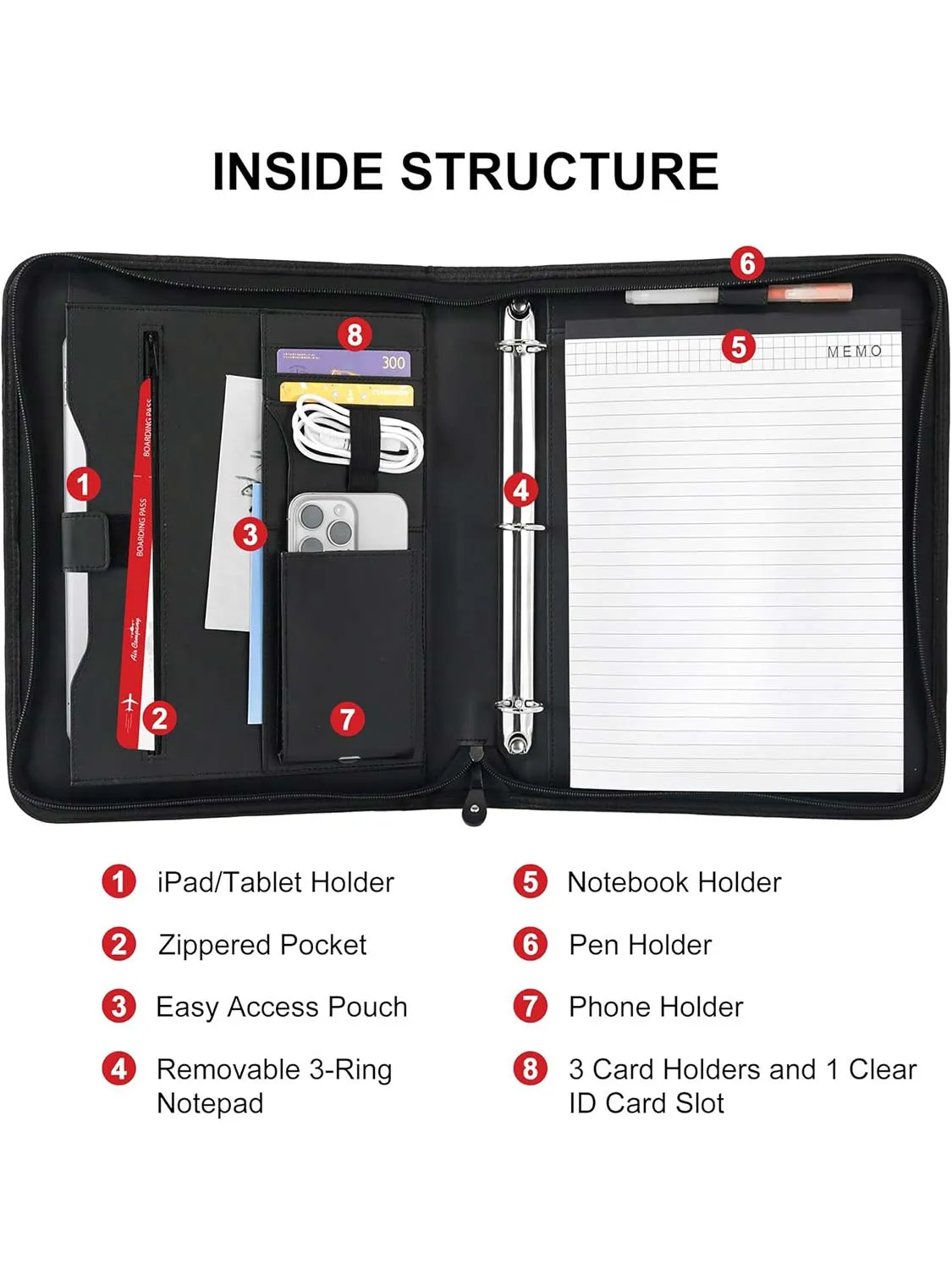 Zippered Faux Leather Portfolio with Handles and Removable Ring Binder