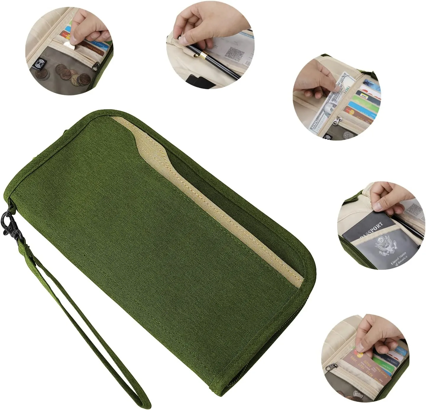 ZOPPEN Passport Holder Family RFID Passport Wallet, Passport Holder Women/Men, Travel Wallet Documents Organizer Zipper Case with Removable Wristlet Strap, Travel Essentials for Flying