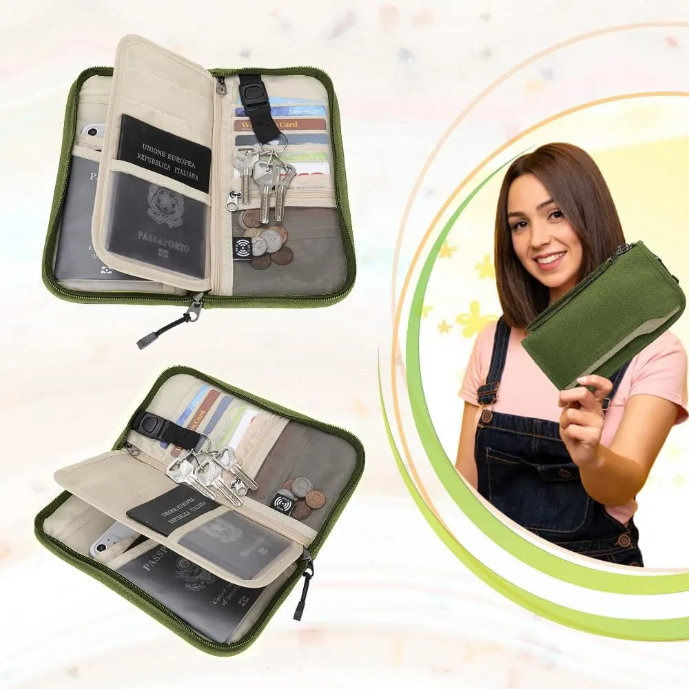 ZOPPEN Passport Holder Family RFID Passport Wallet, Passport Holder Women/Men, Travel Wallet Documents Organizer Zipper Case with Removable Wristlet Strap, Travel Essentials for Flying