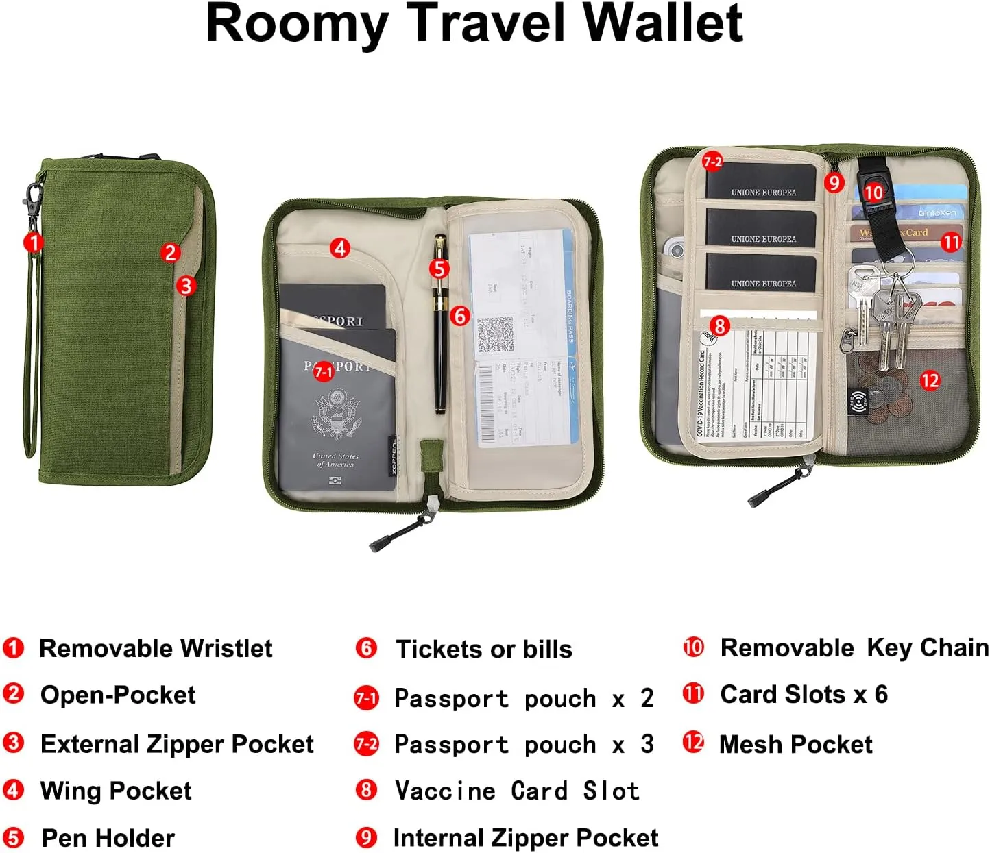 ZOPPEN Passport Holder Family RFID Passport Wallet, Passport Holder Women/Men, Travel Wallet Documents Organizer Zipper Case with Removable Wristlet Strap, Travel Essentials for Flying