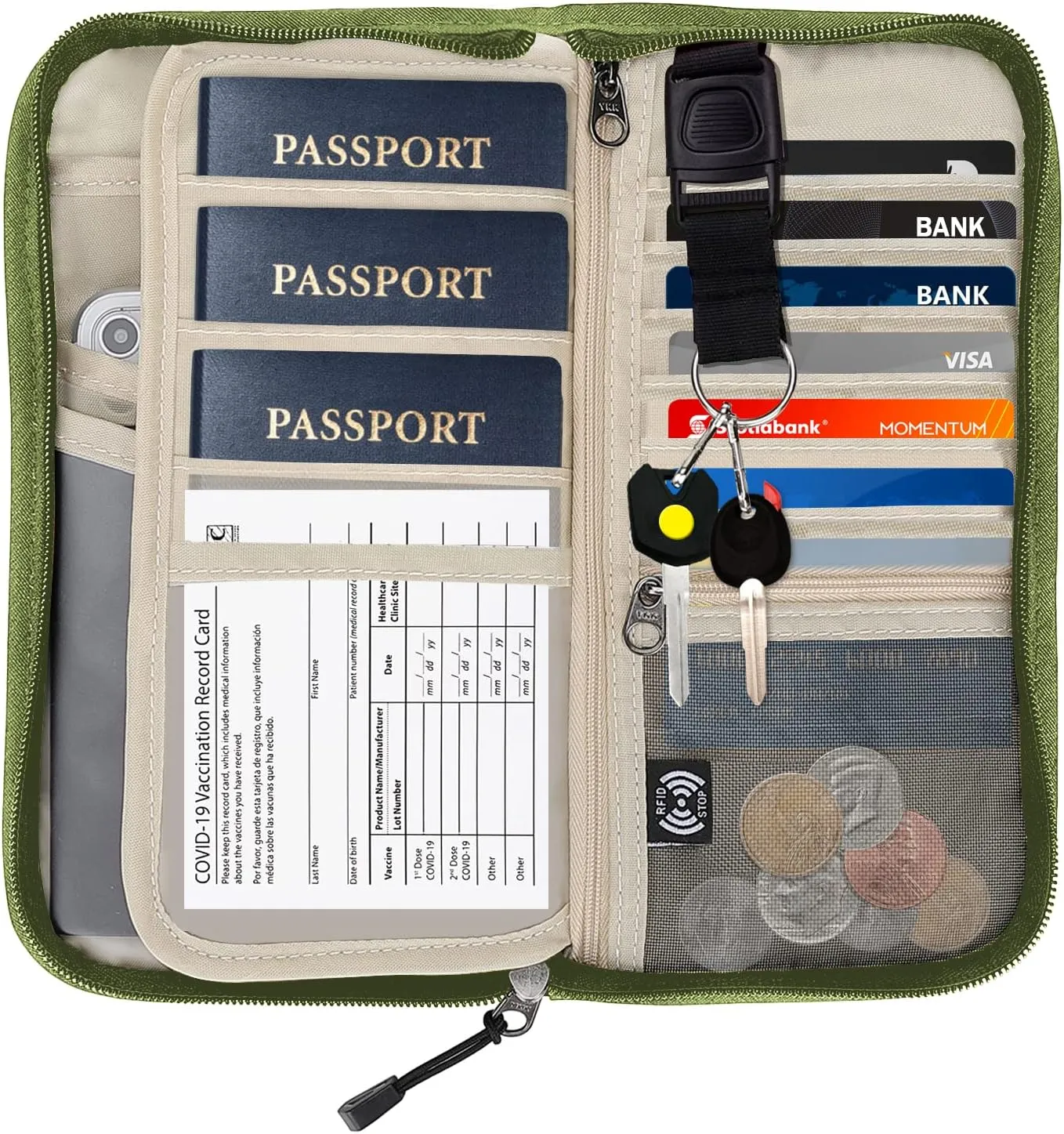ZOPPEN Passport Holder Family RFID Passport Wallet, Passport Holder Women/Men, Travel Wallet Documents Organizer Zipper Case with Removable Wristlet Strap, Travel Essentials for Flying